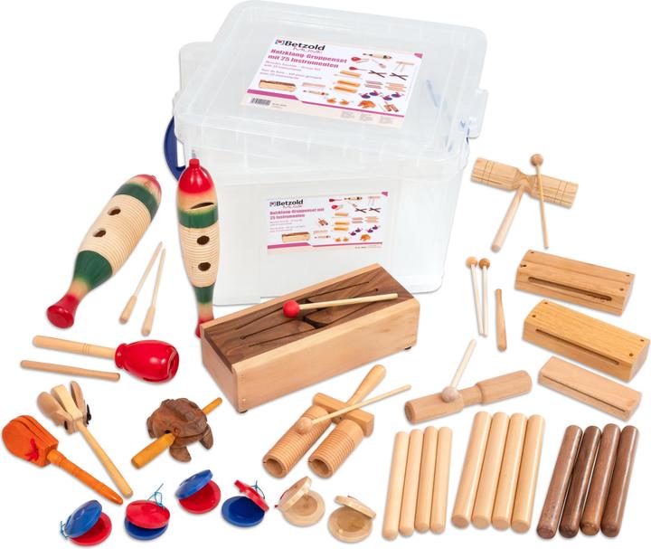 Produktbild Betzold Musik Holzklang-Gruppenset mit 25 Instrumenten (Claves, Trommel, Guiro, Kastagnetten)