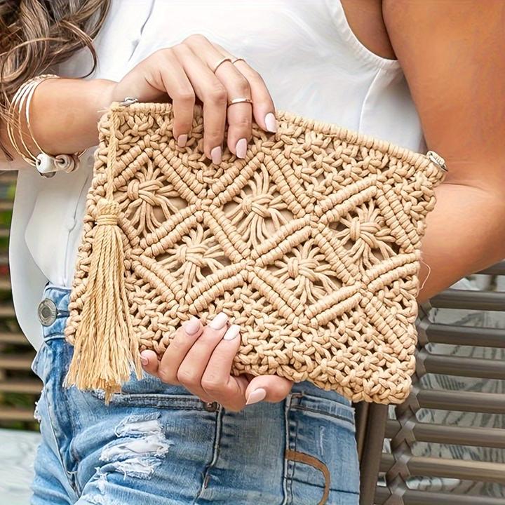 Immagine prodotto Only-Bags.Store Pochette in paglia intrecciata, pochette scavata, borsa da viaggio casual per la spiaggia estiva