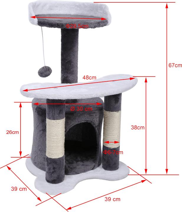 Actual product image Wiltec Cat Tree Scratching Post Climbing Tree 67cm in Grey/White with Plattform, Cave and Ball (67 cm, Grey/white)