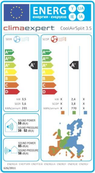 Energie-Label Climaexpert Cool Air Split 3.5 kw (12000 BTU/h)