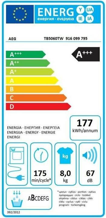 Label énergétique AEG TB5060TW (8 kg, Modifiable)