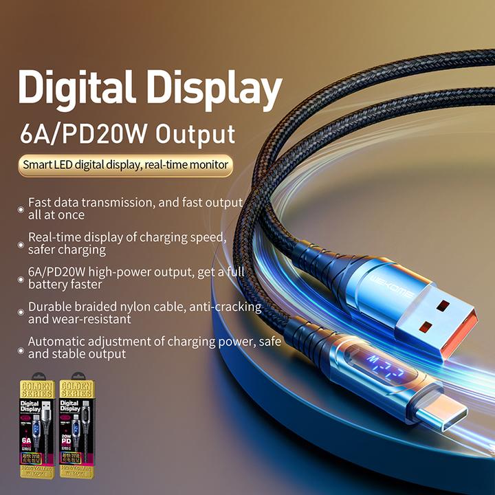 Actual product image Wekome WDC-166 Sakin series - USB-A to USB-C 6A fast charging connection cable 1 m (cloudy) (1 m)