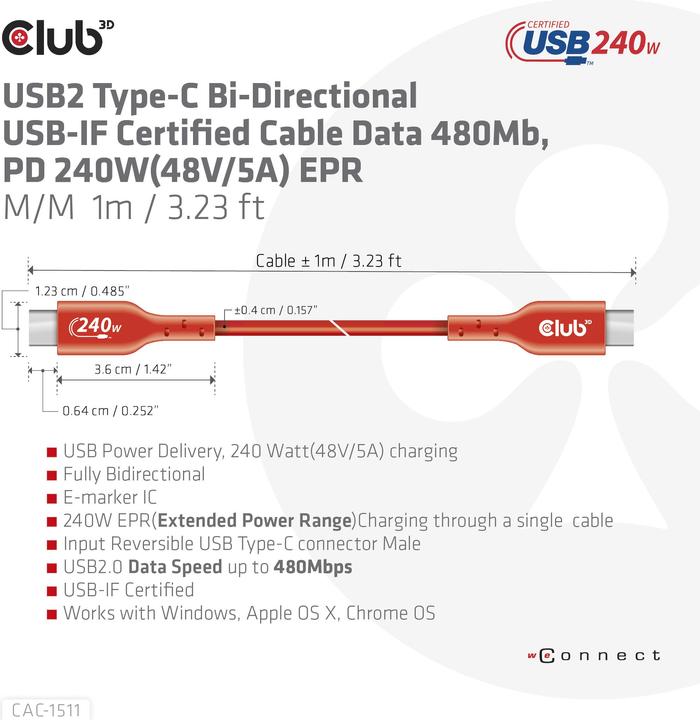 Image du produit Club 3D Club3D Câble USB 2 Type C PD 240W / 480Mb 4m St/St retail (4 m, USB 2.0)