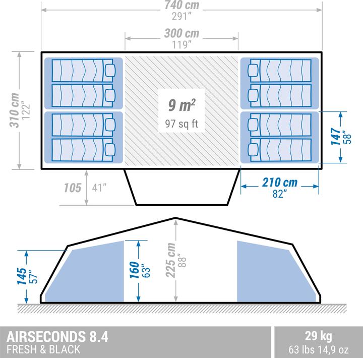 Image du produit Quechua Air Seconds 8.4 F&B (Tente gonflable, 29 kg, 8 personnes)