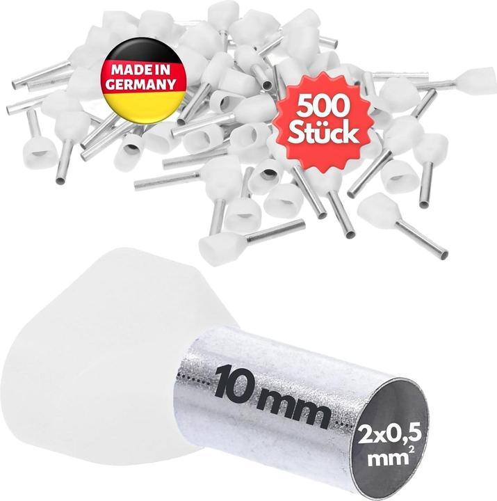 Kalitec 500 pieces AET0510WS Twin wire end ferrules insulated 2x0.5mm² 10mm long white I Made in Germany