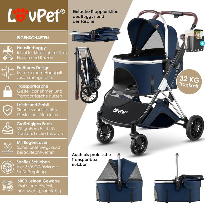 Image du produit Lovpet Poussette pour chien 3en1 (Chat, Chien, Ouverture complète, Pliable, Respirant)