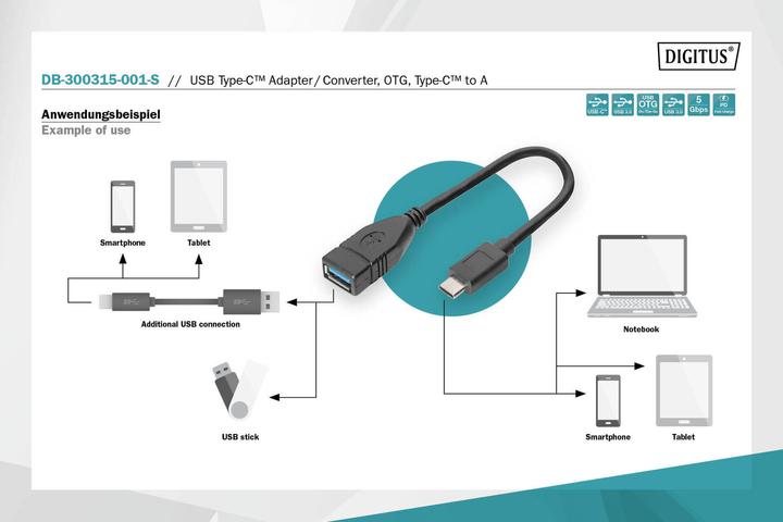 Produktbild Digitus USB Type-C Adapter/Konverter,OTG,Type-C auf A (0.15 m, USB 3.2 Gen 1)