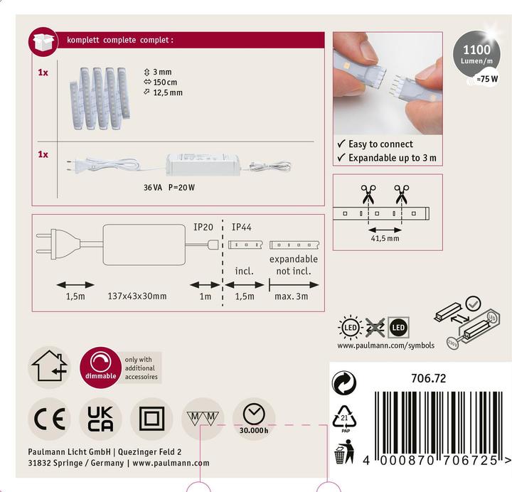 Immagine prodotto Paulmann Set di strisce MaxLED 1000 (Bianco caldo, 150 cm, Interno)