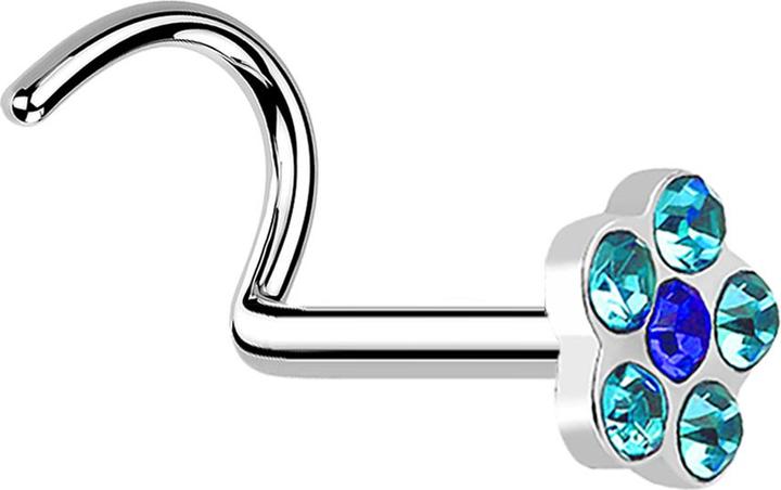 Star Piercing Nasenstecker gebogen silber mit Blume und 5 Kristalle aqua (ohne Messing, Chirurgenstahl 316L)