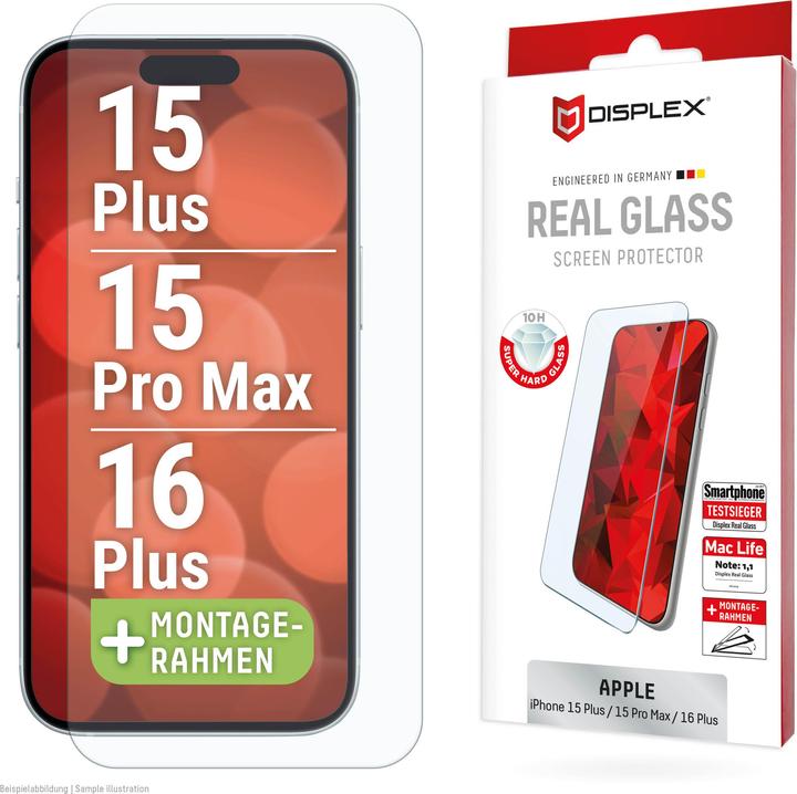 Actual product image Displex Real Glass, 2D Panzerglas (1 Piece, Apple iPhone 16 Plus, Apple iPhone 15 Plus, Apple iPhone 15 Pro Max)
