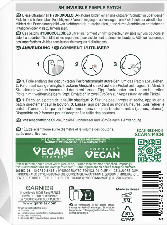 Nutritional values and ingredients Garnier Pimple Patches