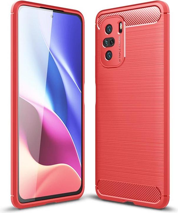 Actual product image Cover-Discount Xiaomi Poco F3 - metal carbon look rubber cover red (Xiaomi Poco F3, Xiaomi Mi 11i)