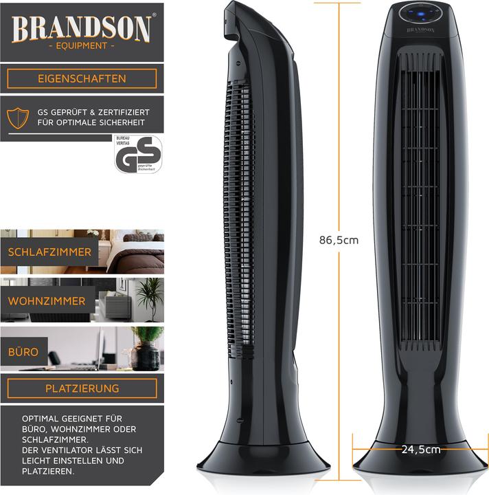 Image du produit Brandson ventilateur tour, télécommande, oscillation, minuterie, 60W, ventilateur colonne 86cm, noir, noir (47 dB)