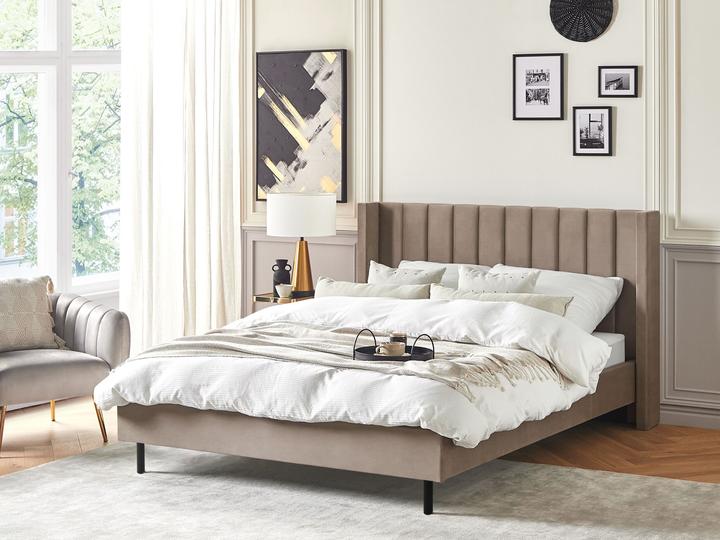 Actual product image Beliani Upholstered Bed Velvet Fabric taupe Slatted Frame 160 x 200 cm VILLETTE (160 x 200 cm)
