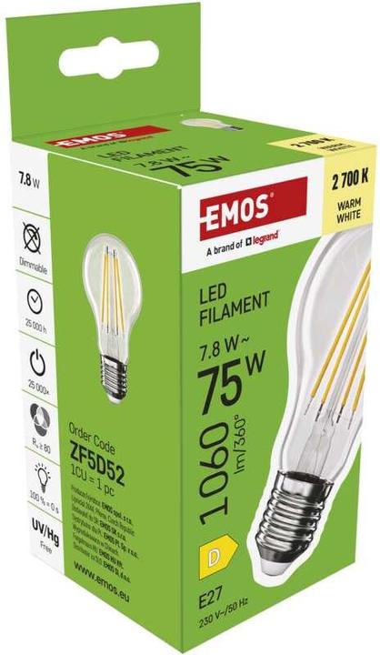 Produktbild Emos LED Lampe Filament A60 / E27 / 7,8 W (75 W) / 1060 lm / Warmweiss (E27, 7.80 W, 1060 lm, 1 x, D)