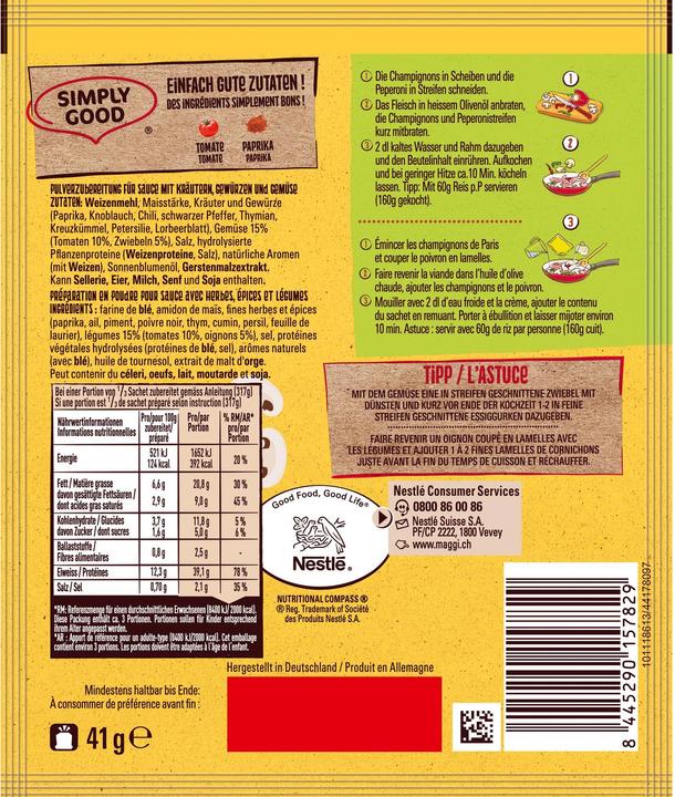 Valeurs nutritives et ingrédients Maggi Mix Stroganoff (41 g)