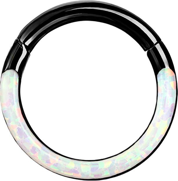 Immagine prodotto Star Piercing Anello a microsegmenti incernierato nero frontale opalino striscia bianca (senza ottone, Acciaio chirurgico 316L)