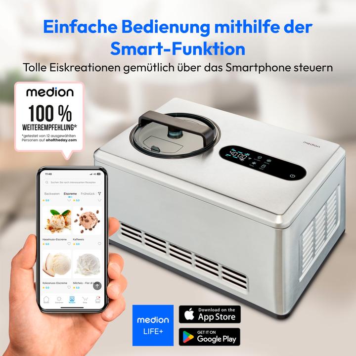 Produktbild Medion SMARTE SPEISEEISMASCHINE MD 12170 Smartphonesteuerung, Kapazität für 2 Liter Eis, HD LED-Display, he