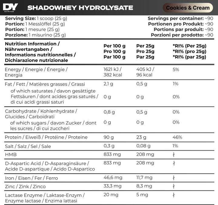 Nutritional values and ingredients DY Nutrition Shadowhey Hydrolysate (Cookies & Cream, 1 pcs., 2270 g)