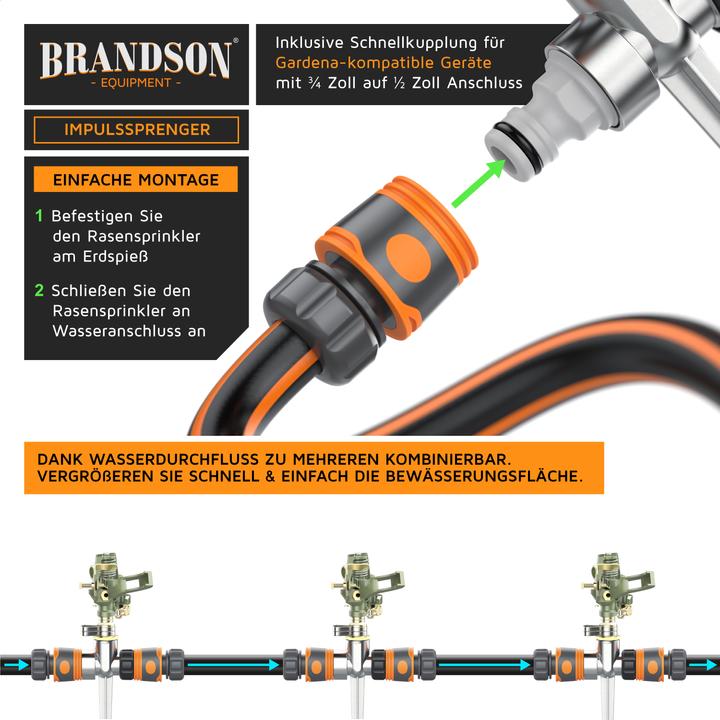 Produktbild Brandson Metall Kreisregner, Intervall-Sprinkler, Impulsregner, Rasensprenger bis 450 m², Gardena kompatibel (Impuls-, Kreis- und Sektorenregner)