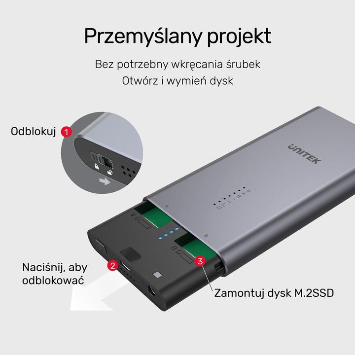 Produktbild Unitek OBUDOWA NA DYSK/KLONOWANIE 2XM.2, PCIE/NVME (M.2 2280, M.2 2260, M.2 2242)