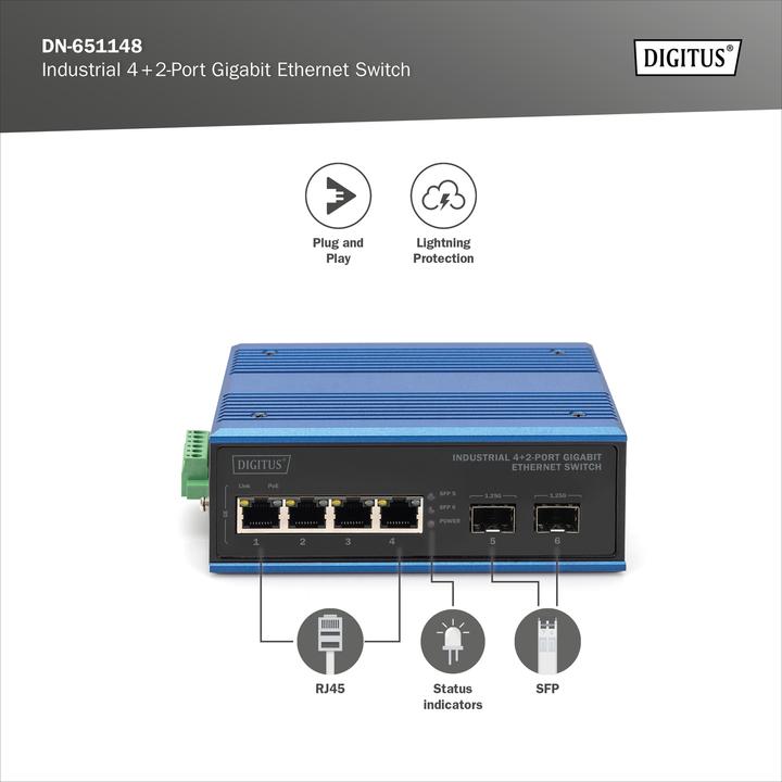 Immagine prodotto Digitus Switch Gigabit Ethernet a 4+2 porte industriale (6 Porti)