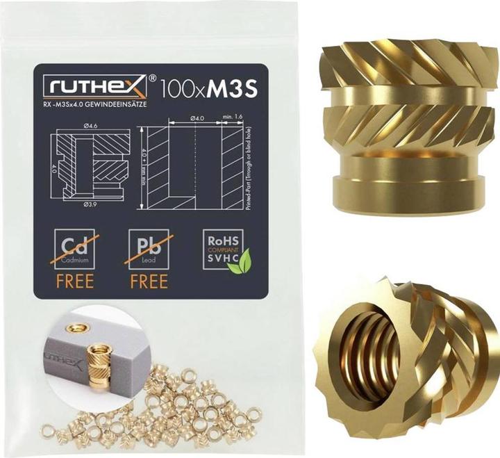 Ruthex M3 Gewindeeinsatz SHORT - 100 Stück RX-M3Sx4.0 Gewindebuchsen aus Messing
