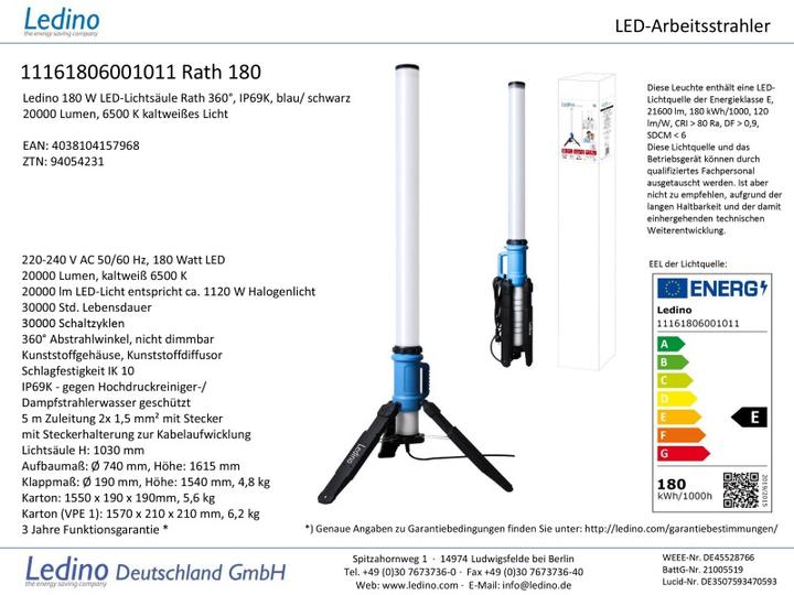 Energy Label Ledino LED light column 180W vertical work light 1m Rath, 20000lm, 360°, IP69K daylight white (20000 lm)
