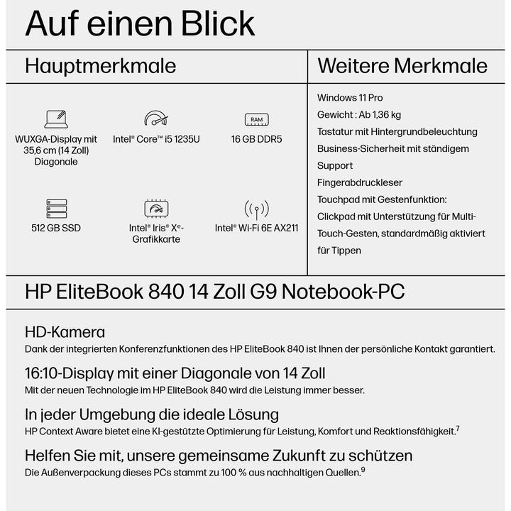 Actual product image HP EliteBook 840 G9 (14", Intel Core i5-1235U, 16 GB, 512 GB, DE)