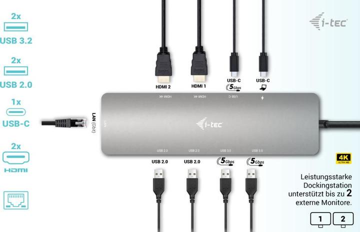 Actual product image i-tec USB-C Metal Nano Dock 2x HDMI 1x GLAN 2x USB 3.2 2x USB 2.0 1x USB-C 3.2 Gen.1 Data 1x USB-C 1 (USB-C, 2 Ports)