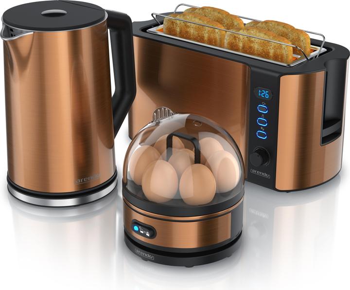 Produktbild Arendo Frühstücks Set, Wasserkocher 1,5l Temperaturwahl, 4-Scheiben Toaster & Eierkocher für 7 Eier, Kupfer