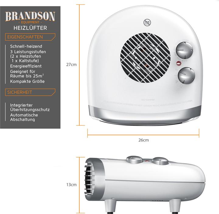 Actual product image Brandson Heizlüfter 2000 W, einstellbarer Thermostat, Fan Heater mit 3 Leistungsstufen, Badezimmer Heizung (2000 W)