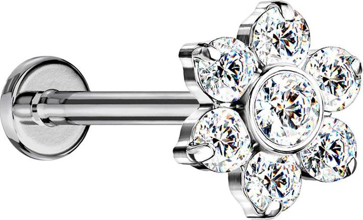 Star Piercing Micro Threadless Labret silber Blume Kristalle silber (Titan G23, ohne Messing)