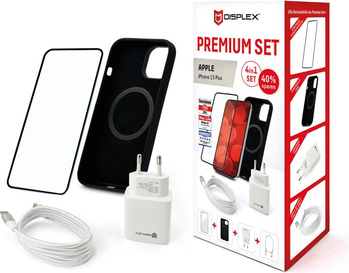 Produktbild Displex 4 in 1 Premium Set (Full Cover Panzerglas, Schutzhülle, Ladegerät, Ladekabel) (1 Stück, Apple iPhone 15 Plus)