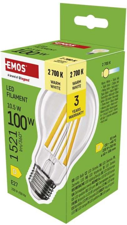 Image du produit Emos Ampoule LED filament A60 / E27 / 10,5 W (100 W) / 1521 lm / Blanc chaud (E27, 10.50 W, 1521 lm, 1 x, D)