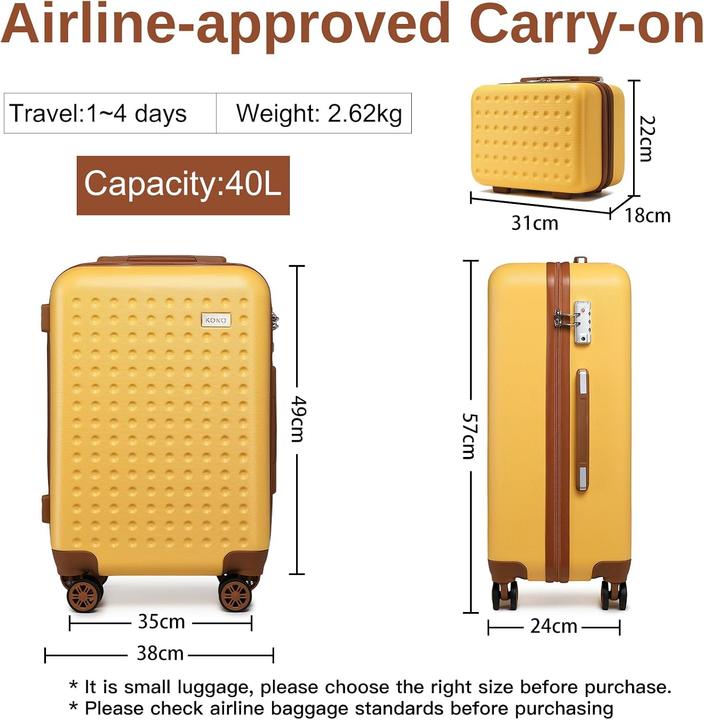 Immagine prodotto Kono 2-teiliges Handgepäckkoffer-Set mit Kosmetikkoffer (40 l, Bagaglio a mano (fino a 50 litri))
