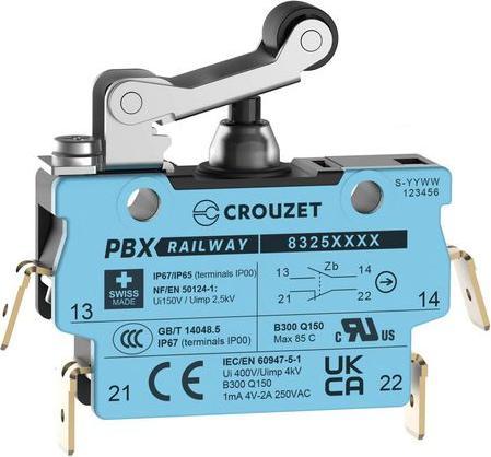 Image du produit Crouzet Microrupteur, 2A, 600mA, 1 contact inverseur, 3.6N, levier à galet, IP67, borne à connexion rapide