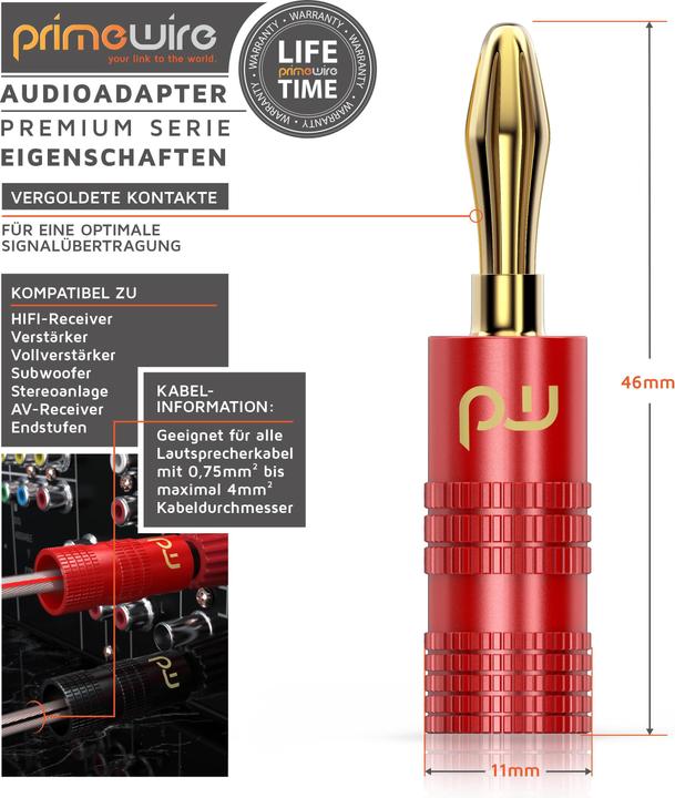 Actual product image Primewire Banana plugs for loudspeaker cables up to 6mm², loudspeaker plugs for amplifiers, HIFI receivers