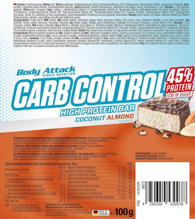 Valeurs nutritives et ingrédients Body Attack Carb Control (100g) (Noix de coco, Amande, 1 pcs, 100 g)