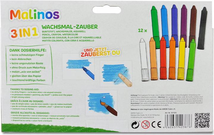 Image du produit Malinos crayons de cire 3 en 1 (Noir, Marron, Bleu foncé, Bleu clair, Vert clair, Lila, Blanc, Rouge, Vert, Jaune, Orange, Rose, 12 x)
