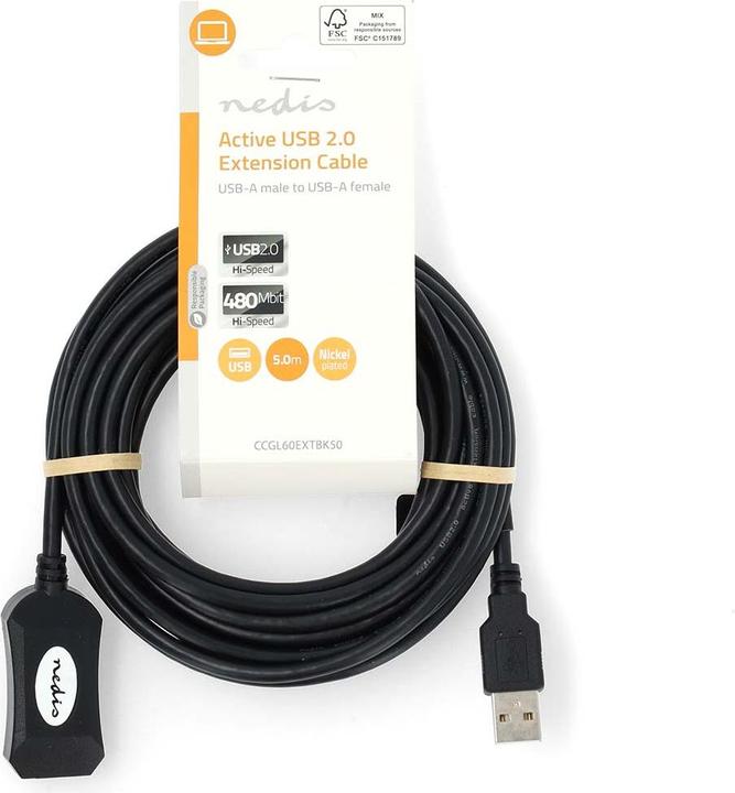 Image du produit Nedis Câble USB actif | USB 2.0 | USB-A mâle | USB-A femelle | 480 Mbps | 5.00 m | Rond | Vernick (5 m, USB 2.0)