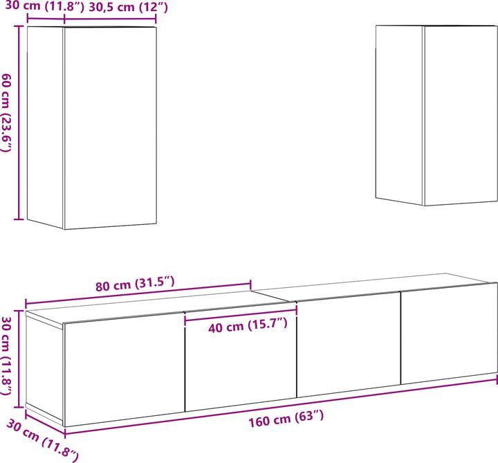 Produktbild VidaXL 4-teiliges TV-Schrank-Set Wandmontiert Artisan Eiche Spanplatte (100 x 40 x 40 cm)