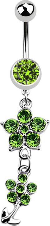 Star Piercing Banane silber mit Anhänger zwei Kristallblumen hellgrün (Chirurgenstahl 316L)