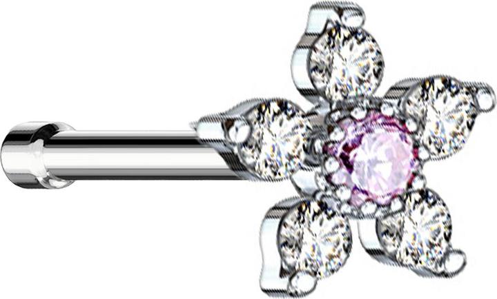 Star Piercing Nasenstecker gerade silber Blume mit Kristall pink und silber (Messing, Chirurgenstahl 316L)