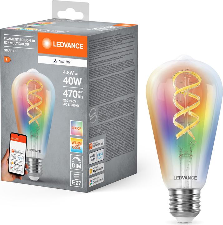 Actual product image Ledvance SMART+ MATTER FILAMENT EDISON MULTICOLOR 4.8W 827...865 Multicolour E27 (E27, 4.80 W, 470 lm, 1 x, F)