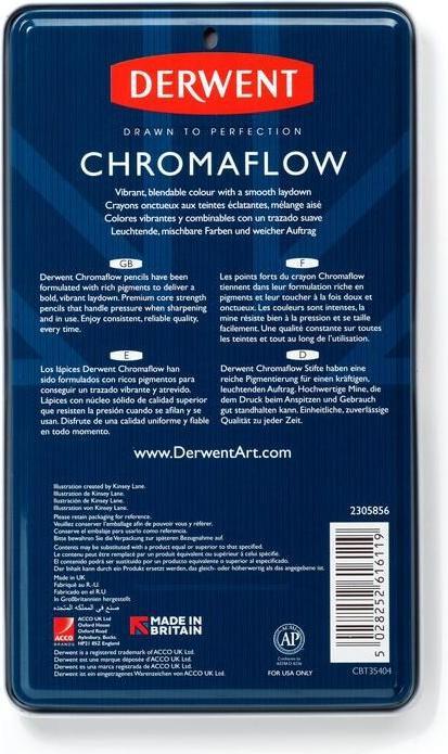Actual product image Derwent Chromaflow coloured pencils (Blush Pink, Fleming, Natural Brown, Scarlet, grass green, Denim, Sun Yellow, Blue, Basil, Black, Lilac, White, 12 x)