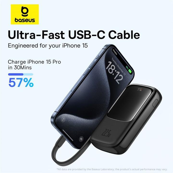 Immagine prodotto Baseus Powerbank Qpow Pro+ 10000mAh 22,5W con cavo USB-C integrato e display - nero (10000 mAh, 22.50 W, 37 Wh)