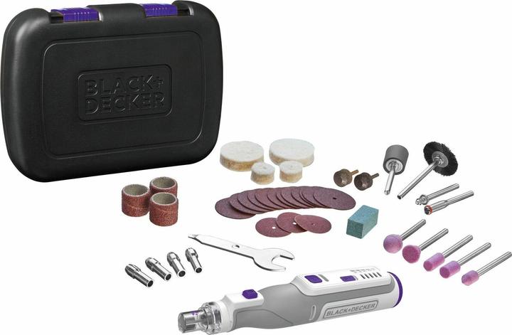 Aufbewahrungsbox, 1 Diamantspitze, 1 Hartmetallspitze, 1 Scheibenhalterung, 1 Polierradhalter, 5 Schleifspitzen, 1 Schleifstein, 3 zusätzliche Spannzangen, Schlüssel, USB-Ladekabel ohne Netzadapter, 1 PET-Zubehör-Aufsatz, 1 Borstenbürste, 1 grosse Schleifzylinderhalterung, 2 grosse Polierräder, 3 grosse Schleifzylinder, 2 Polierräder, 12 Trennscheiben, 3 Schleifscheiben