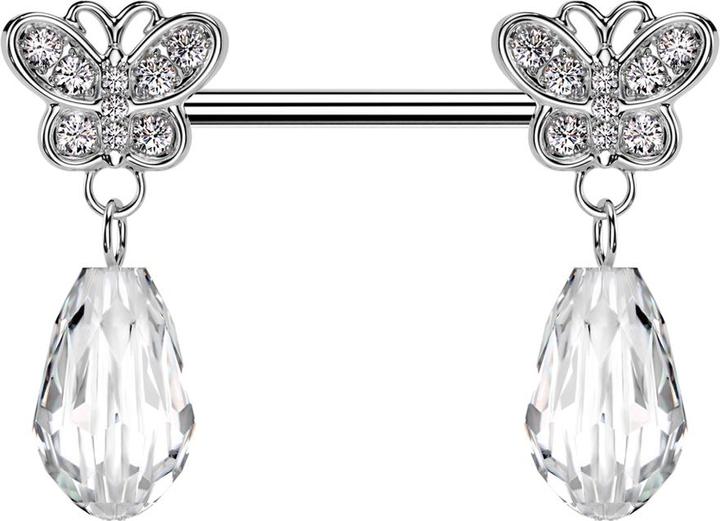 Star Piercing Barbell silber mit zwei Schmetterling silber Kristalle silber Anhänger Kristalltropfen (Chirurgenstahl 316L, Messing)