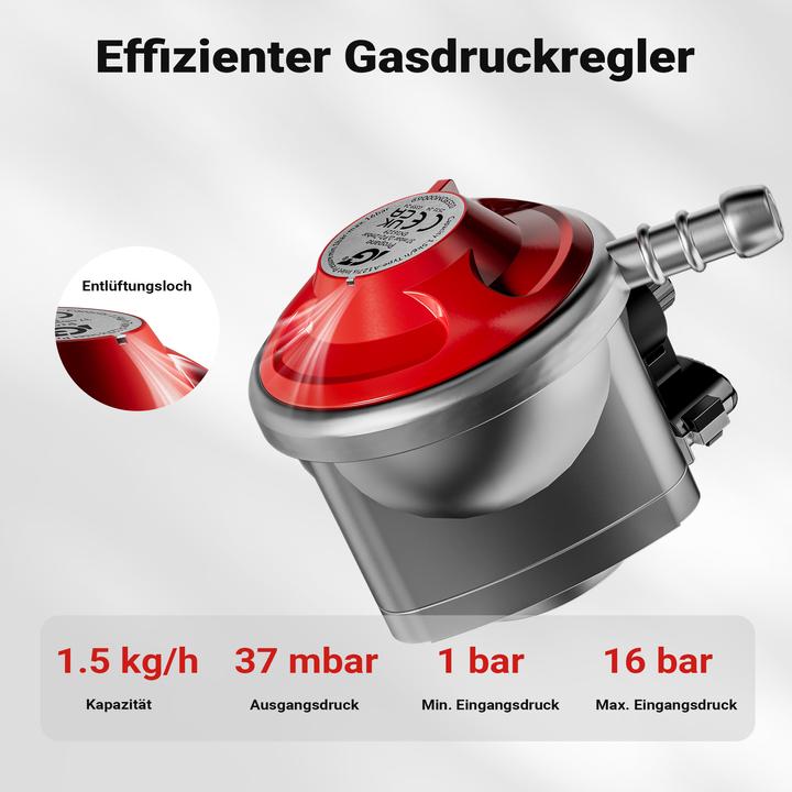 Produktbild Wiltec Druckminderer für UK 37mbar 1,5m Gasschlauch Gasdruckregler Druckregler